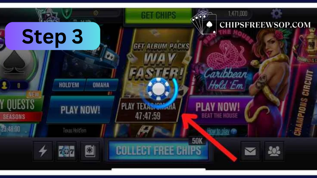 An image of step three of claiming wsop chips free showing opening of wsop free chip link that shows loading screen of claiming wsop free chips in progress